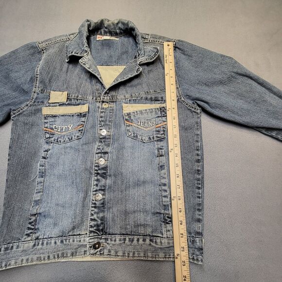 City Jean Jacket Womens L Blue Denim Trucker Distressed Y2K Grunge - Picture 5 of 8